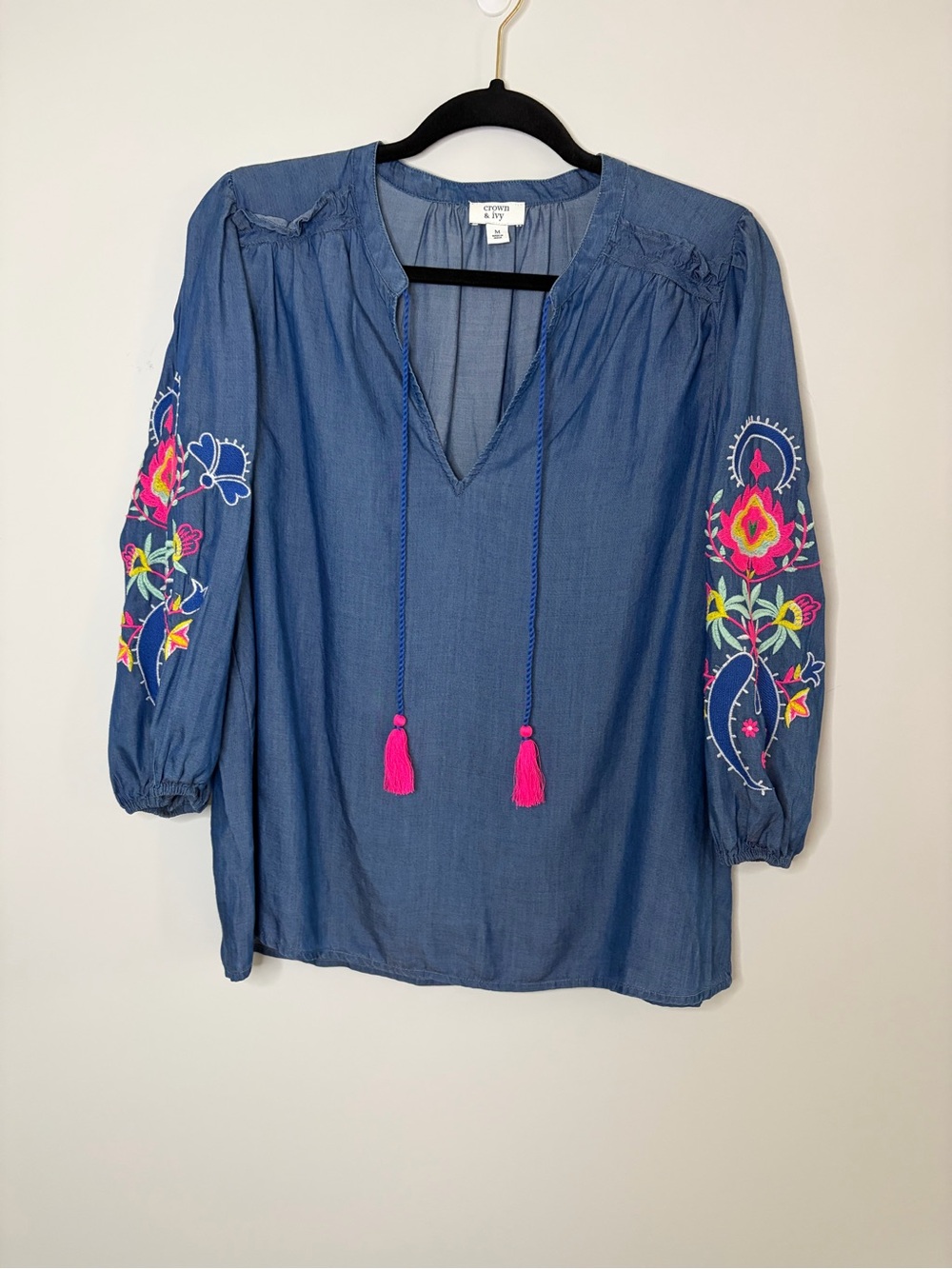 Crown & Ivy Blue Embroidered Peasant Blouse with Pink Tassels